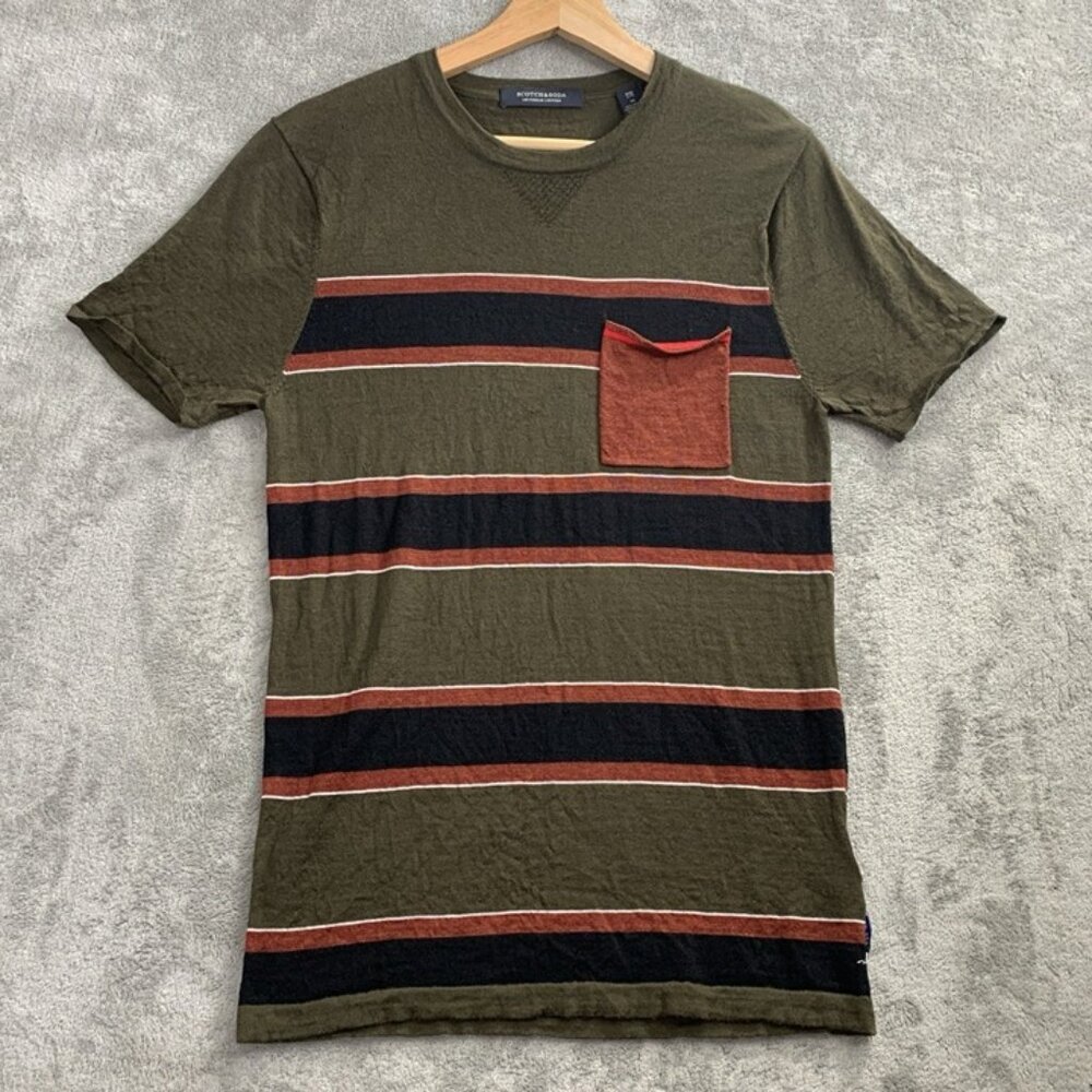 Scotch & Soda Olive Green Short Sleeve Striped Tee with Rust Pocket